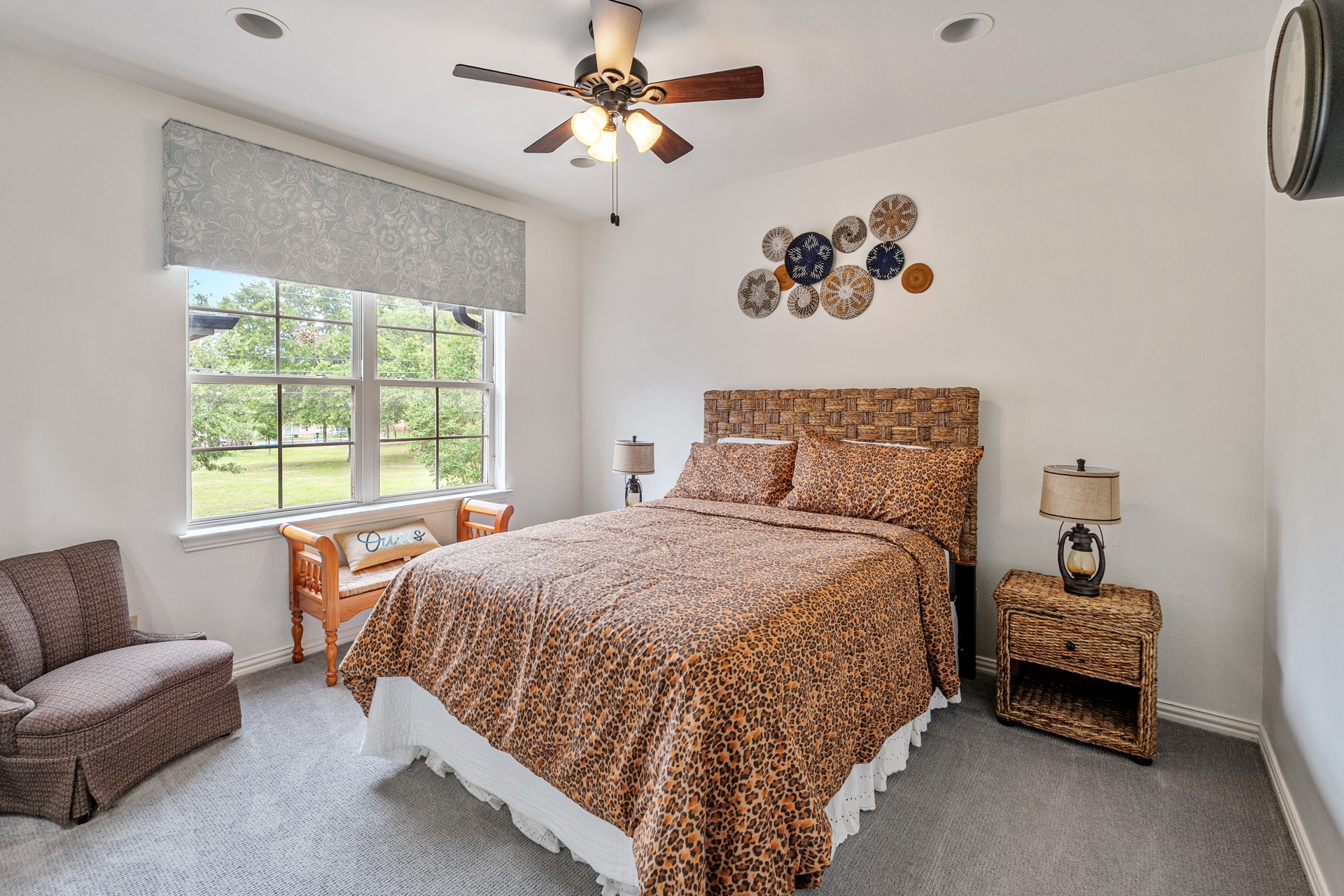 Bedroom with warm rust and wood tones