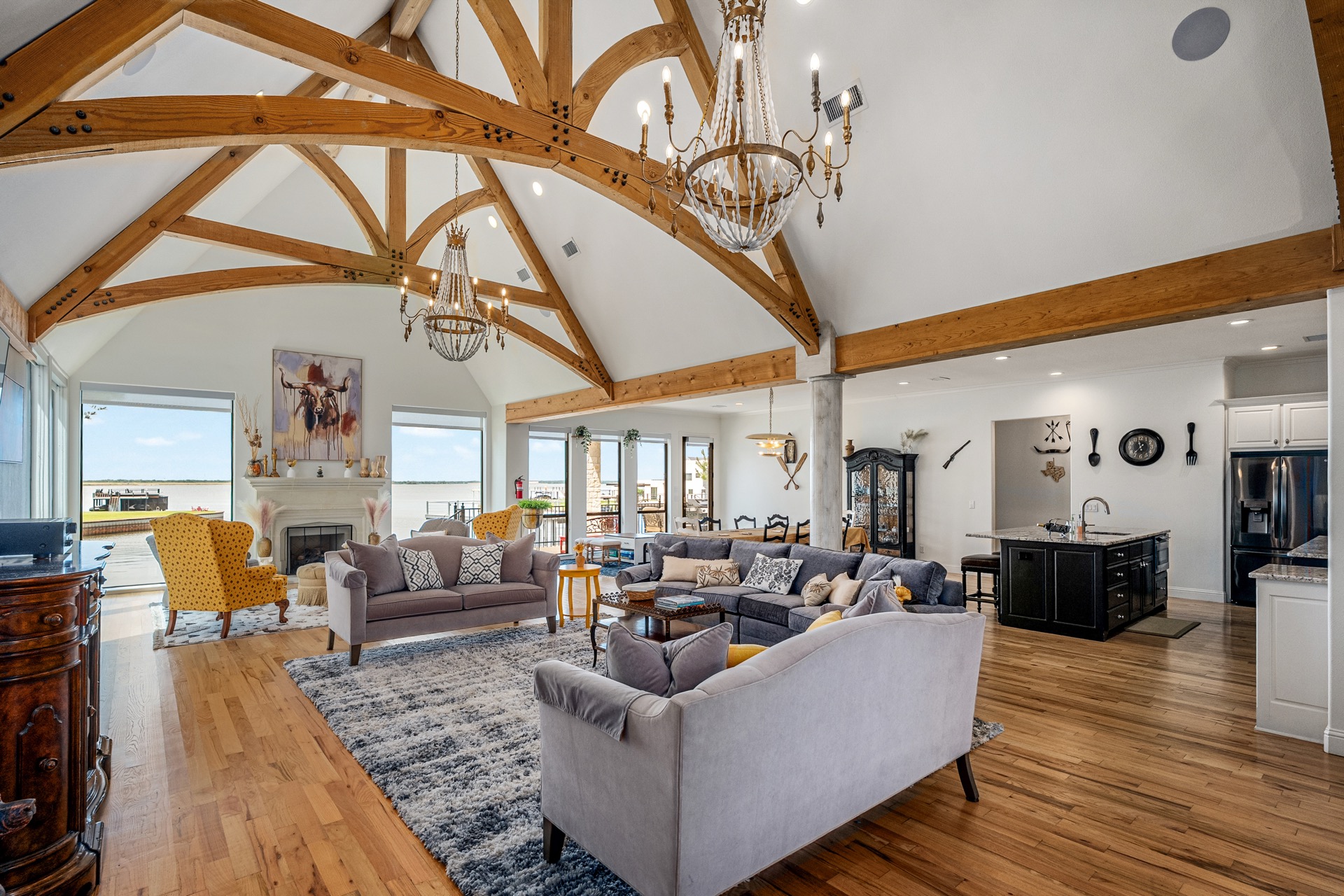 Living room with vaulted beam ceiling